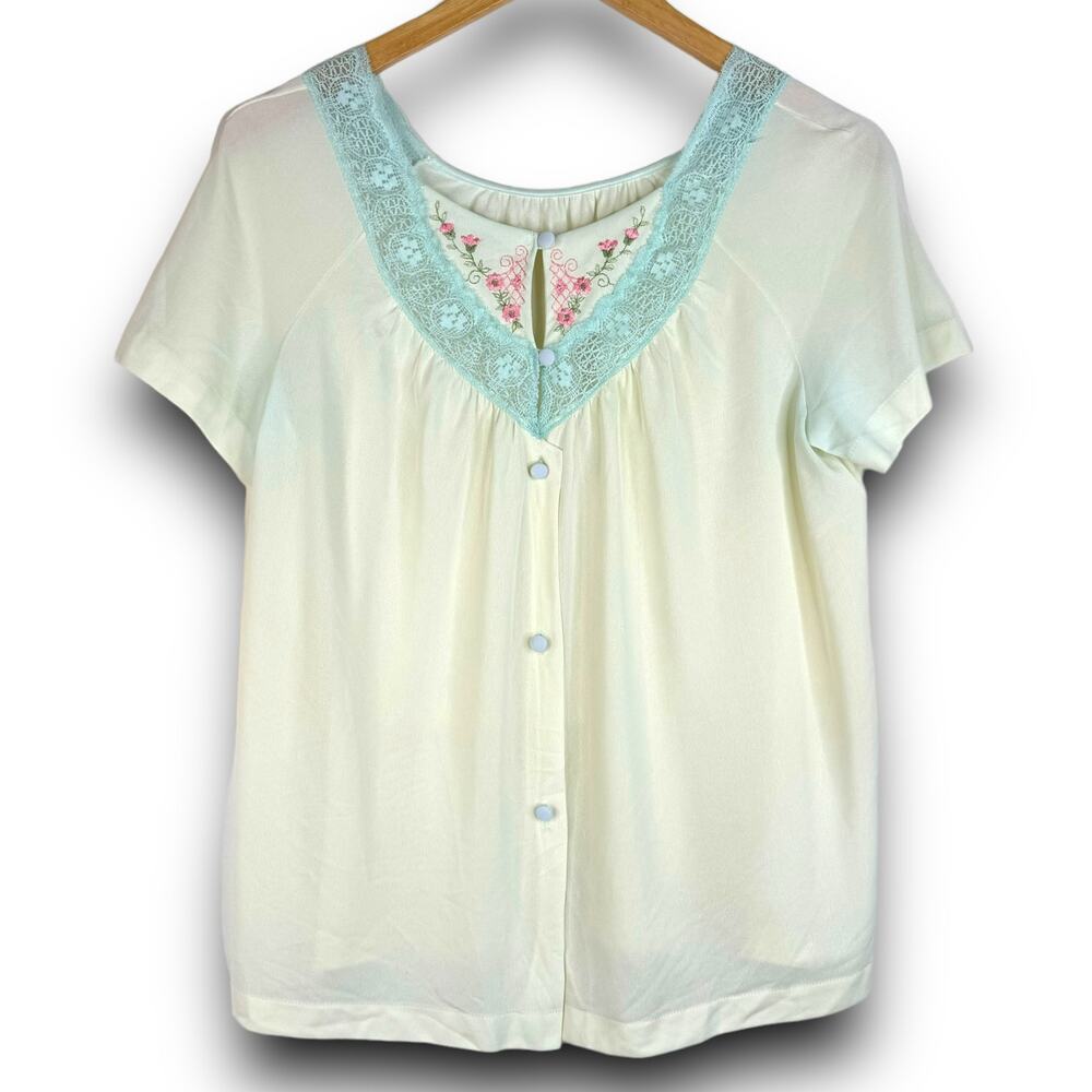 Vintage Gossard Artemis Nylon Sleepwear Top Pale Yellow Blue Lace Size Medium